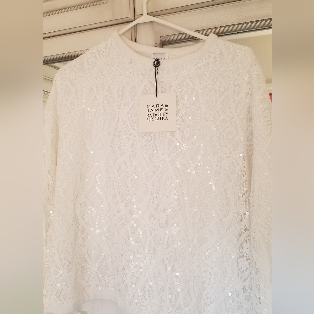 White Sequin Lace Sweater by Mark & James Badgley Mischka